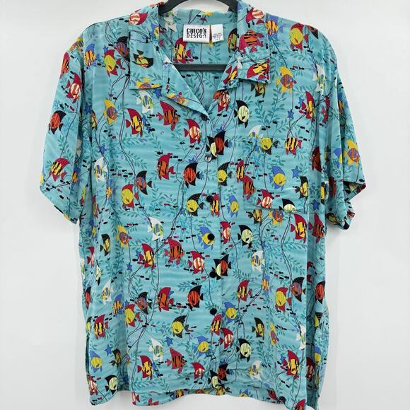 Vintage Chico's 100% Silk Tropical Button Up Shirt Large Blue Fish Hawaiian Fun - Picture 1 of 9